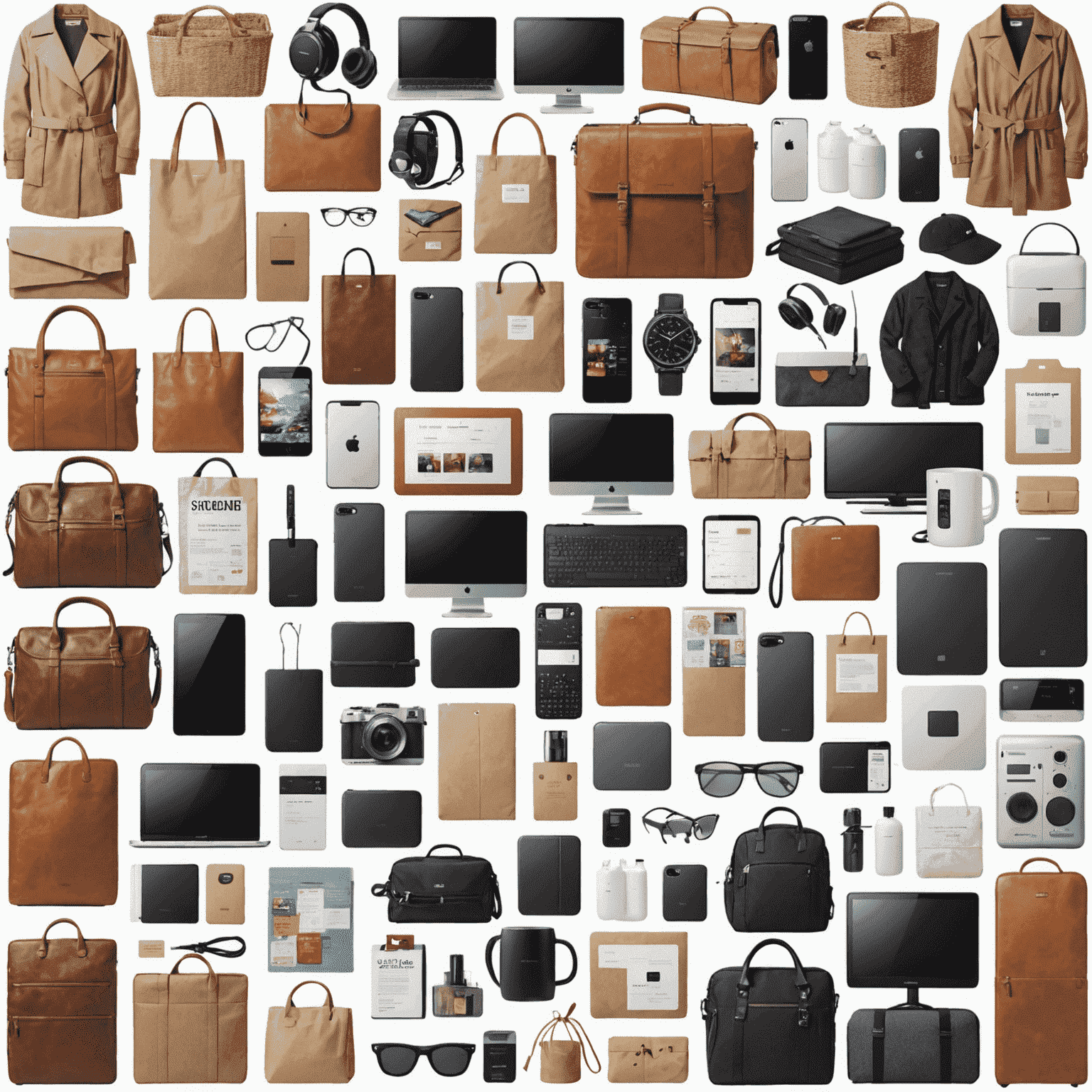 A collage of various product categories including electronics, fashion, groceries, and home goods, with price tags showing discounted prices and coupon codes overlaid