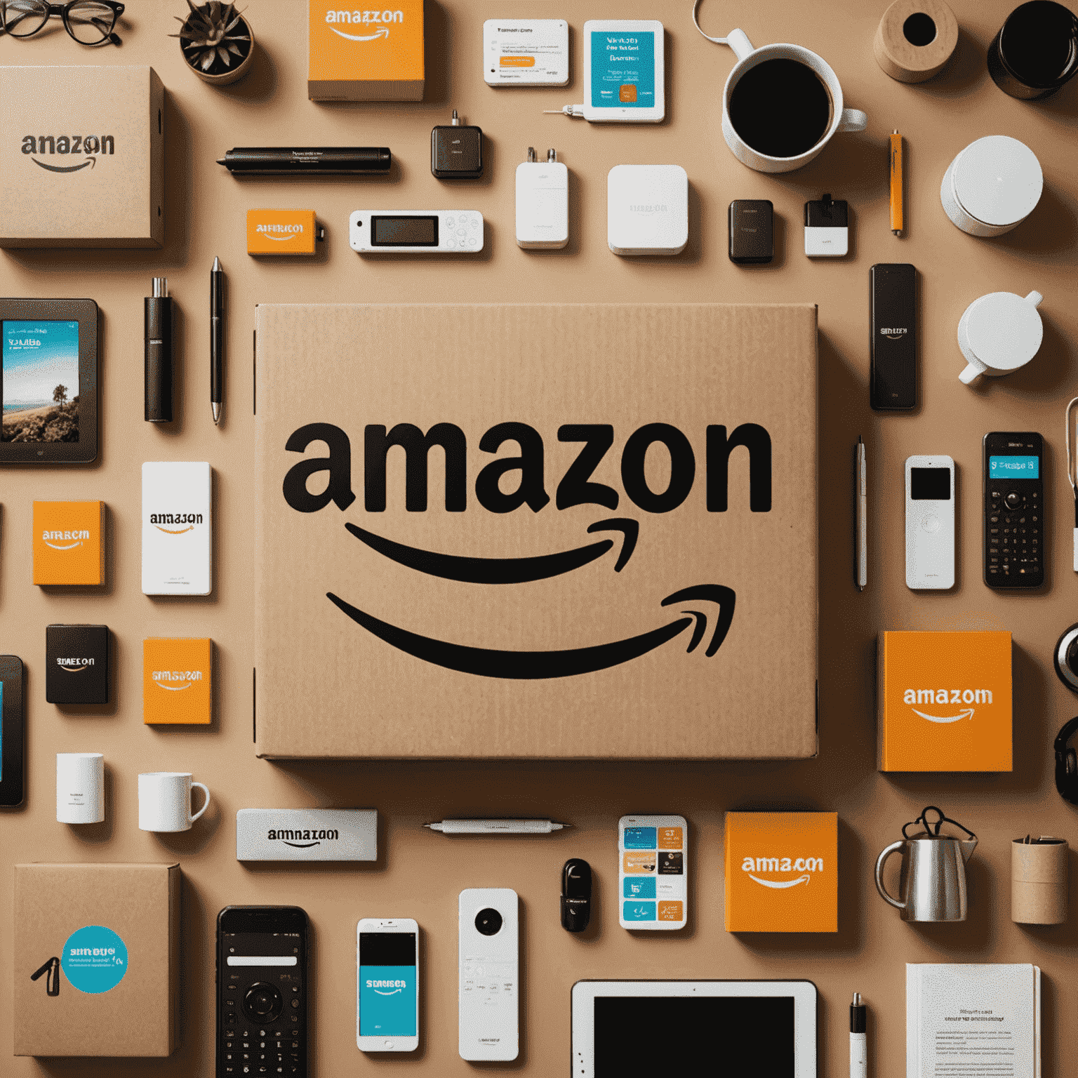 Amazon logo with various product categories displayed, showcasing electronics, books, and home goods