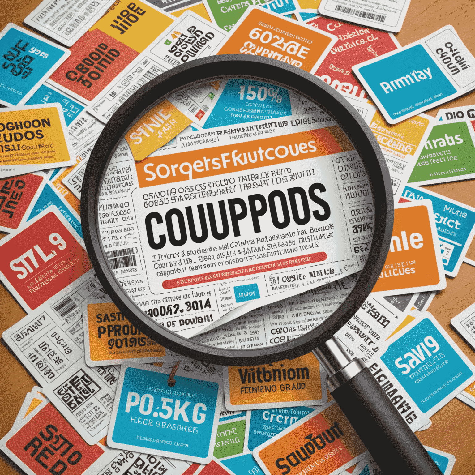 A magnifying glass hovering over various colorful coupons and promo codes, symbolizing the advanced search feature for finding the best deals