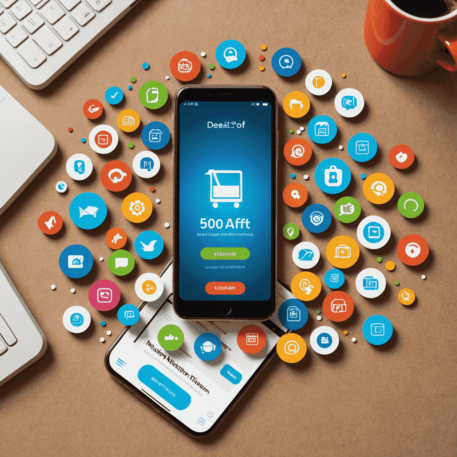 A smartphone displaying a Deal Alert notification for a 50% off coupon, with various product icons floating around it to represent personalized deal categories