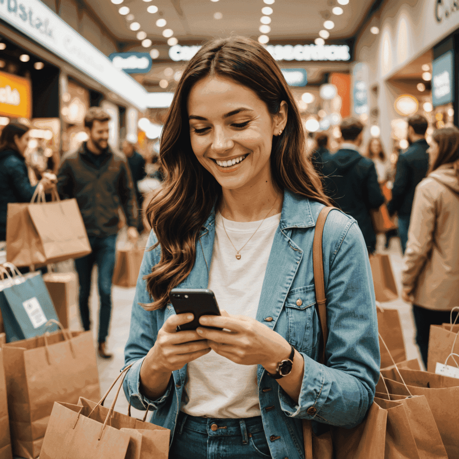 A person smiling while using a smartphone to browse cashback offers, surrounded by shopping bags from various retailers