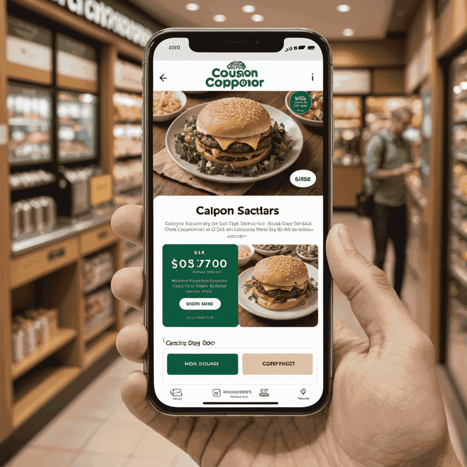 Smartphone displaying the Coupon Master app interface, showing a list of exclusive mobile coupons and a user-friendly navigation menu