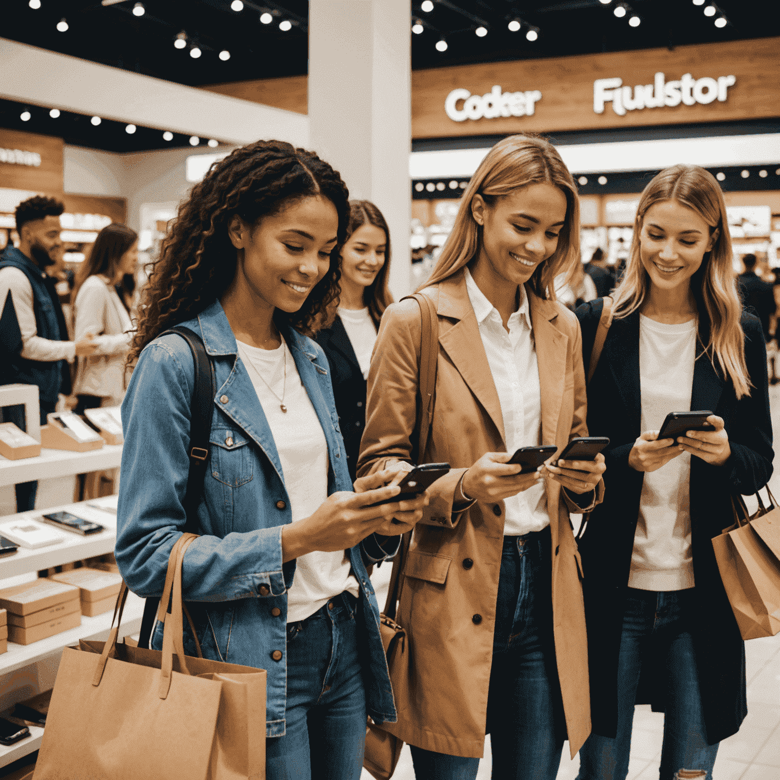 A diverse group of people shopping at a modern retail store, using their smartphones to access Coupon_Master discounts