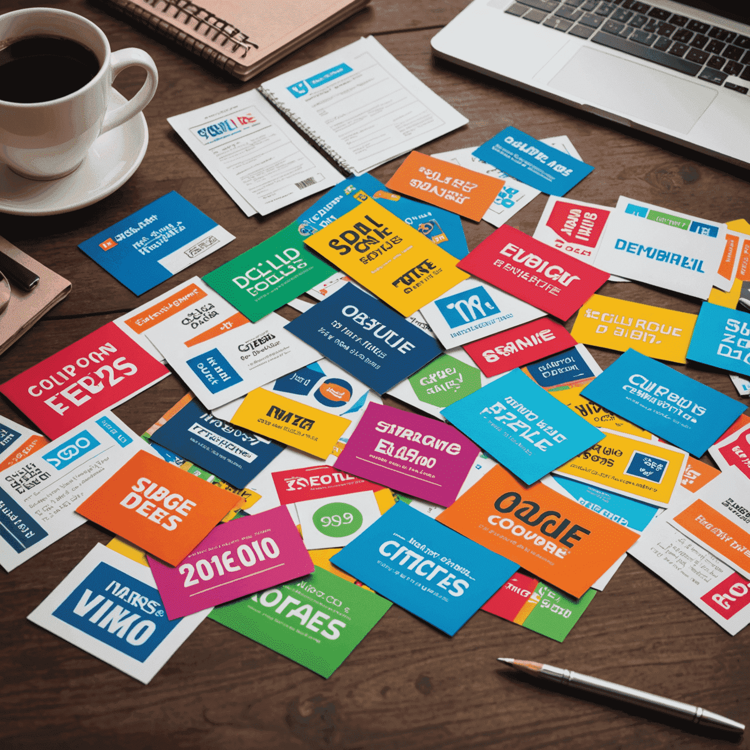 Various colorful coupons and promo codes scattered on a desk, representing the latest deals and offers