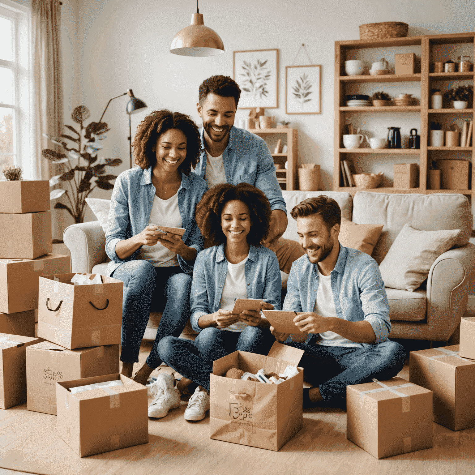 A smiling family unpacking shopping bags filled with discounted items, surrounded by floating coupon codes and percentage off symbols