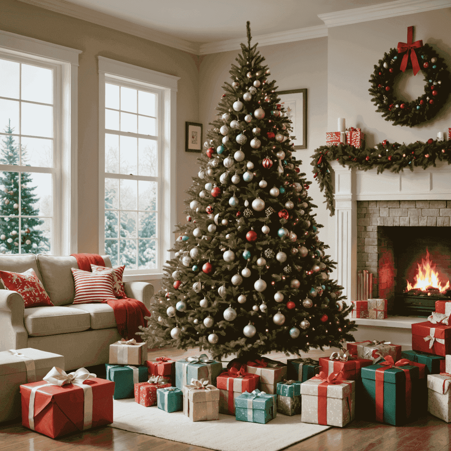 Festive holiday scene with Christmas tree, gifts, and holiday decorations, showcasing various discount offers