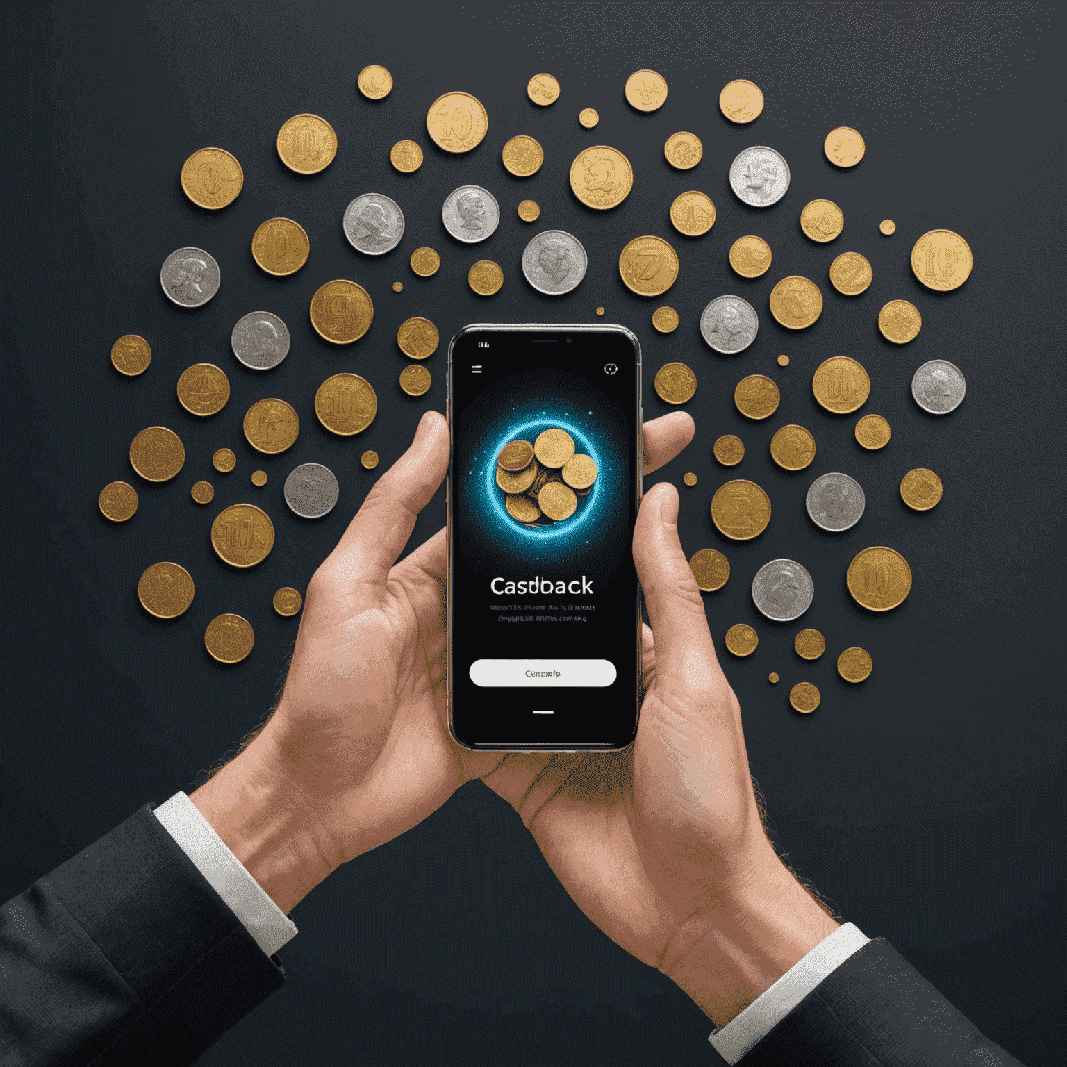 A hand receiving coins from a smartphone screen, with percentage signs floating around, representing cashback offers and savings