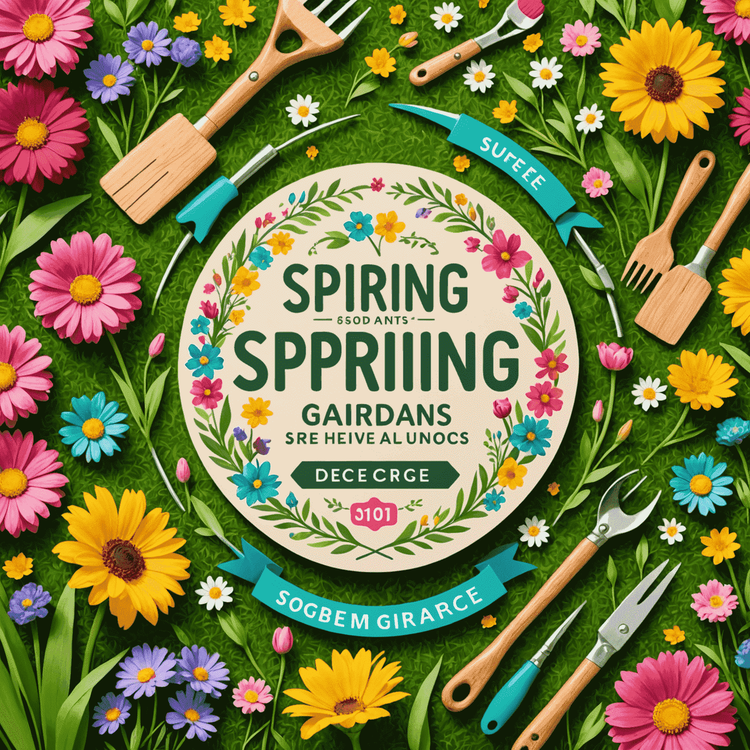 Vibrant spring garden with blooming flowers and gardening tools, overlaid with spring-themed discount badges