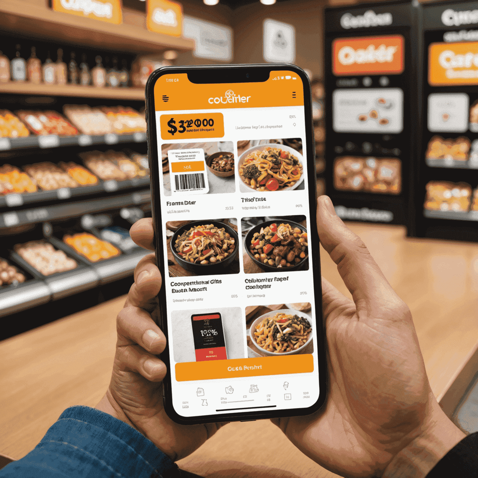 A sleek smartphone displaying the Coupon_Master app interface with vibrant deal cards and a prominent scan button, showcasing mobile-exclusive offers