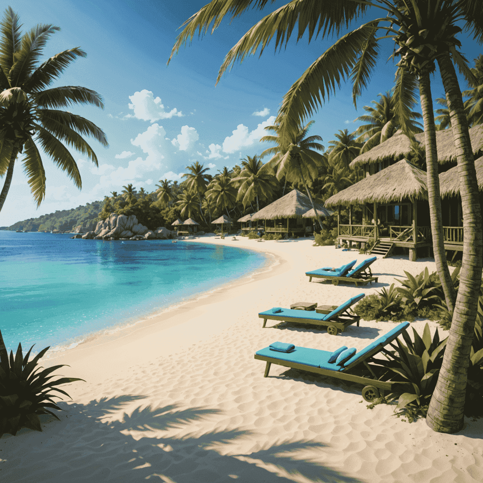 A picturesque beach resort with palm trees and clear blue water